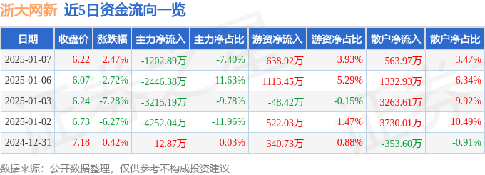 股票行情快报：浙大网新（600797）1月7日主力资金净卖出1202.89万元