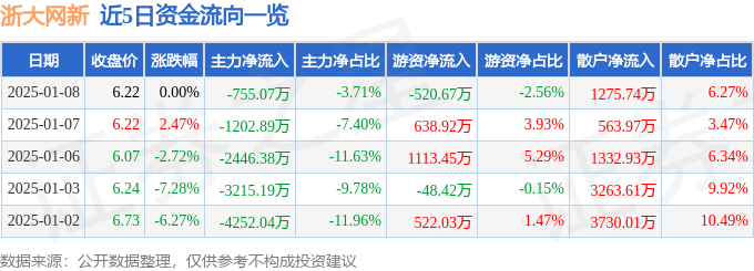 股票行情快报：浙大网新（600797）1月8日主力资金净卖出755.07万元