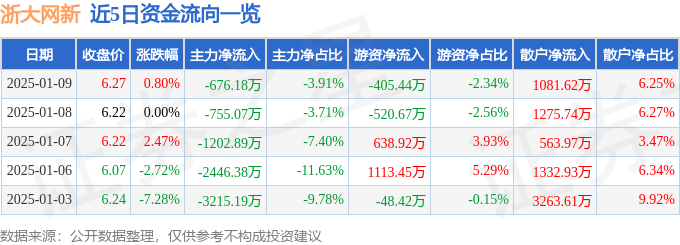 股票行情快报：浙大网新（600797）1月9日主力资金净卖出676.18万元