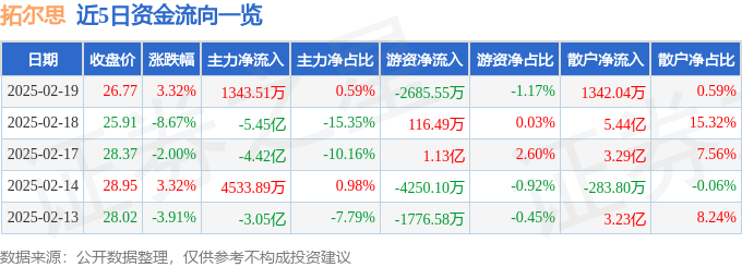 股票行情快报：拓尔思（300229）2月19日主力资金净买入1343.51万元
