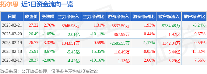 股票行情快报：拓尔思（300229）2月21日主力资金净买入3946.98万元