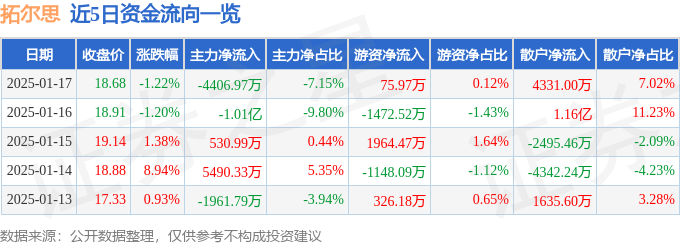股票行情快报：拓尔思（300229）1月17日主力资金净卖出4406.97万元