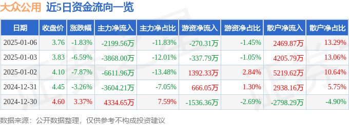股票行情快报：大众公用（600635）1月6日主力资金净卖出2199.56万元