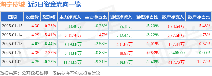 股票行情快报：海宁皮城（002344）1月15日主力资金净卖出38.46万元