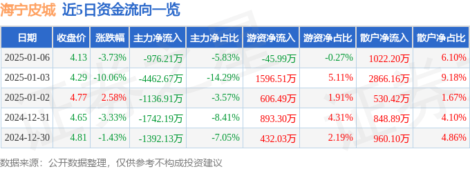 股票行情快报：海宁皮城（002344）1月6日主力资金净卖出976.21万元