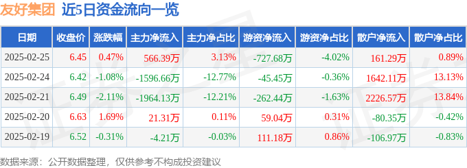股票行情快报：友好集团（600778）2月25日主力资金净买入566.39万元