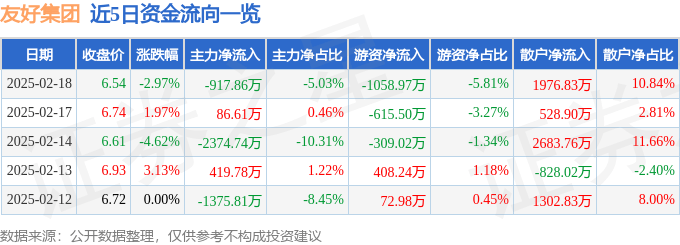 股票行情快报：友好集团（600778）2月18日主力资金净卖出917.86万元
