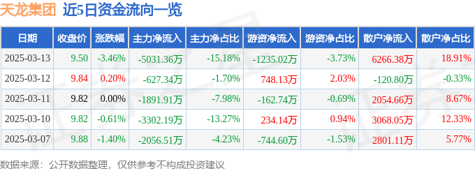 股票行情快报：天龙集团（300063）3月13日主力资金净卖出5031.36万元
