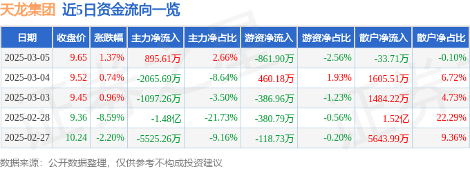 股票行情快报：天龙集团（300063）3月5日主力资金净买入895.61万元