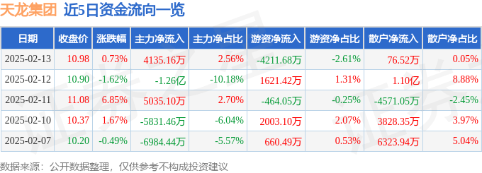 股票行情快报：天龙集团（300063）2月13日主力资金净买入4135.16万元