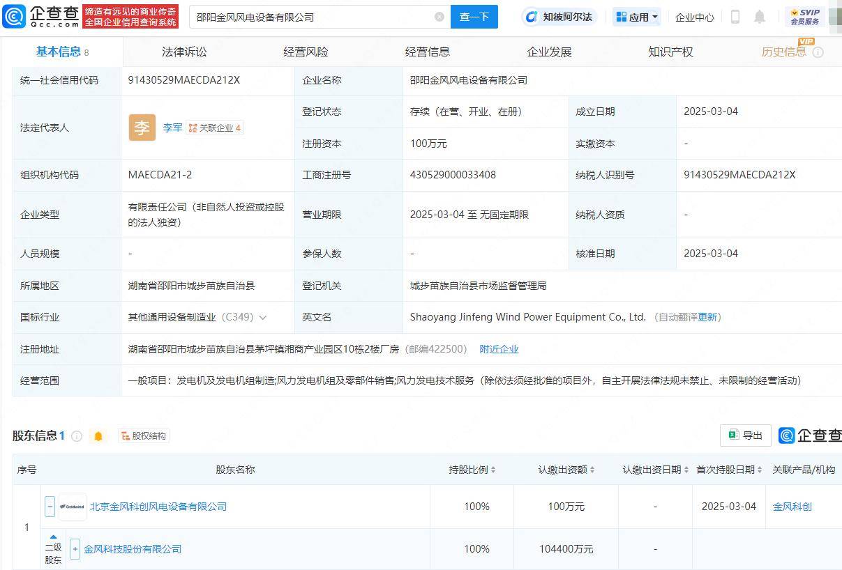 金风科技新动作：投资成立邵阳金风风电设备公司