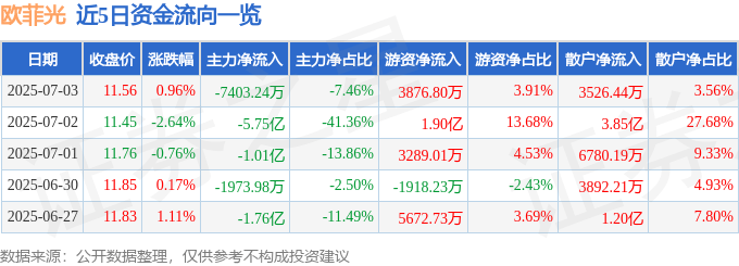 股票行情快报：欧菲光（002456）7月3日主力资金净卖出7403.24万元